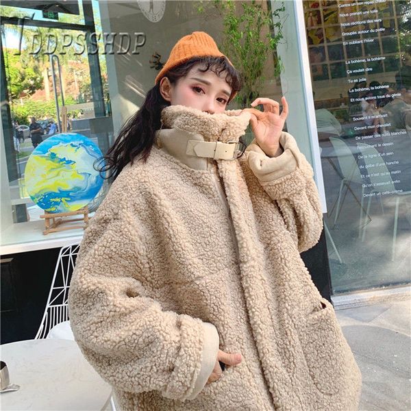 

2019 faux fur lambswool oversized jacket fashion solid coat winter hairly ladies outerwear, Black