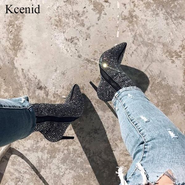 

kcenid rhinestone ankle boots for women bling bling high heels shoes woman zip pointed toe motorcycle boots plus size 35-42, Black
