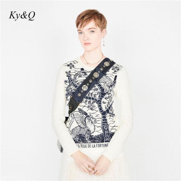 

runway brand designer women christmas 2019 luxury beige animal embroidery pullover loose lazy wind knit sweater clothes new, White;black