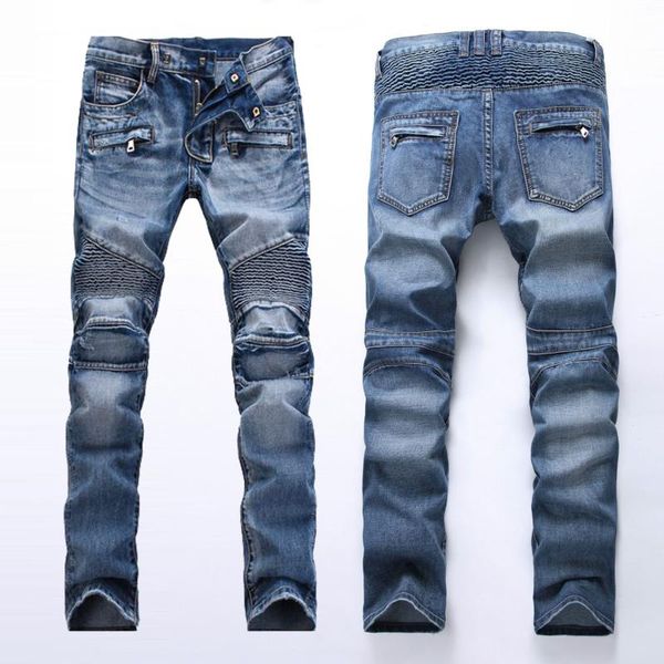 

2020 autumn men's light pleated slim straight zipper decorative motorcycle jeans youth fashion casual jeans, Blue