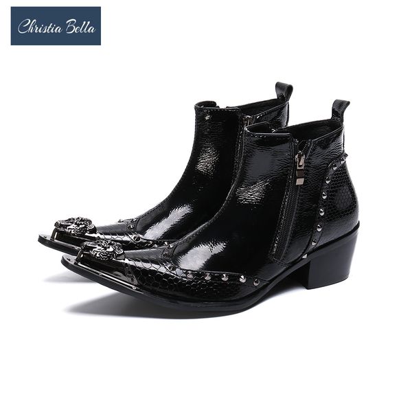 

christia bella solid men shoes genuine leather boots new fashion simplicity metal pointed toe boots big size zipper short, Black