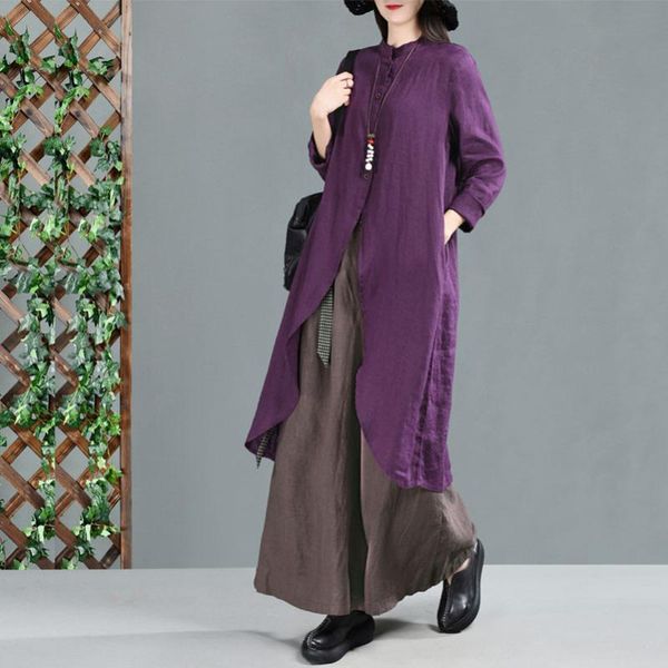 

fairynatural autumn summer vintage cotton linen shirt 2020 new loose comfortable irregular women long stand single breasted, White