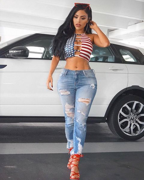 

womens american independence day vest summer hollow out 3d striped star print camis females halter backless tees, White