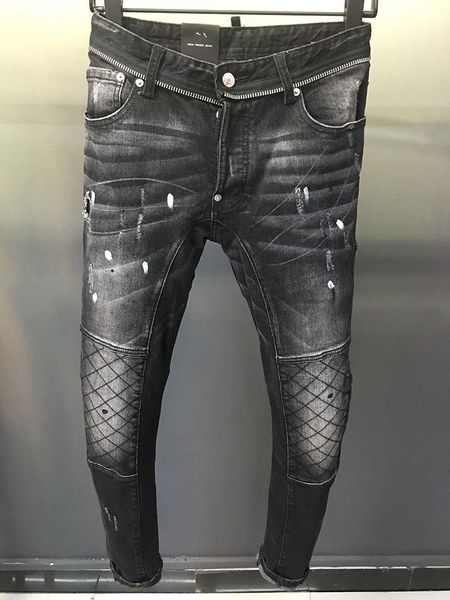 

spring and summer new 2020 mesh stitching slim washed gray black spray dot european and american wild tide men's jeans, Blue