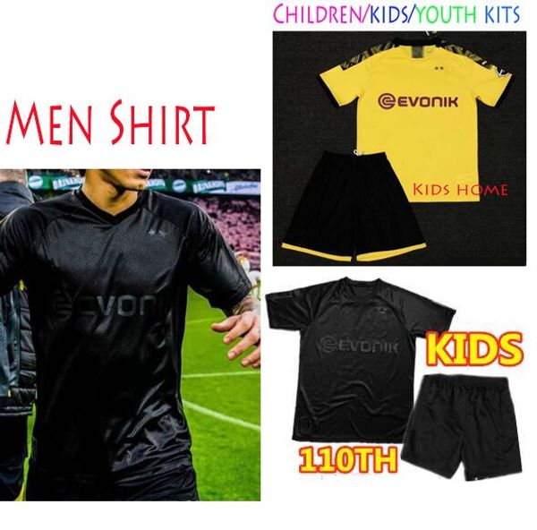 

new borussia dortmund blackout 2019 2020 reus 100th anniversary kit soccer jerseys men shirt kids children set, Black;yellow