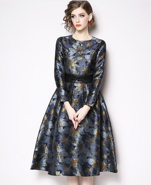 

crew neck long sleeve heavy work jacquard pleated waist a-line dress women lace dresses a-line street style dresses knee-length, Black;pink