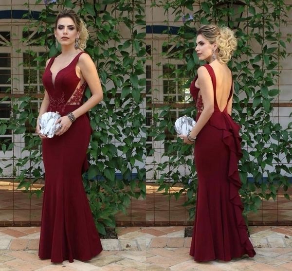

burgundy backless mermaid prom evening dresses deep v neck cutaway waist applique long bridesmaid party pageant dress formal gown, Black