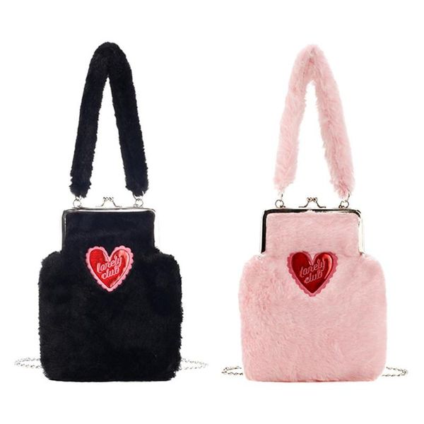 

plush handbags fashion fleece women shoulder bag soft warm crossbody bag chain totes lovely heart pattern small ladies bags