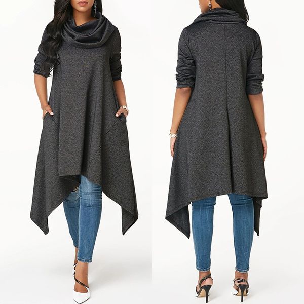 

fashion turtleneck hoodies dress women's asymmetrical sundress zanzea 2019 autumn casual long sleeve pullovers female solid robe, Black
