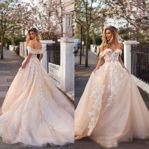 

2019 champagne a line wedding dresses white lace appliques off the shoulder sweep train beach bridal gowns