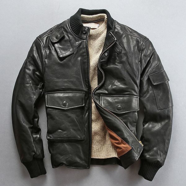 

2019 men's winter down jacket stand collar sheepskin genuine leather jacket men safary style real leather coat male, Black