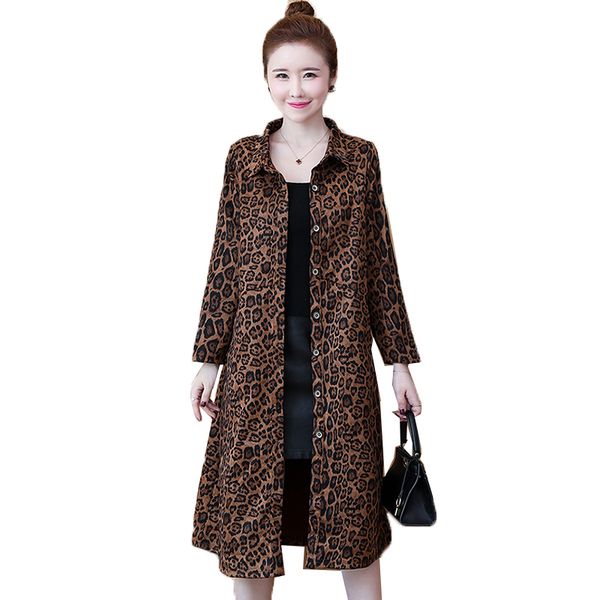 

women's long trench coat 2020 spring autumnthin coat long sleeve leopard print casual outerwear female shirt dress 5xl k17, Tan;black