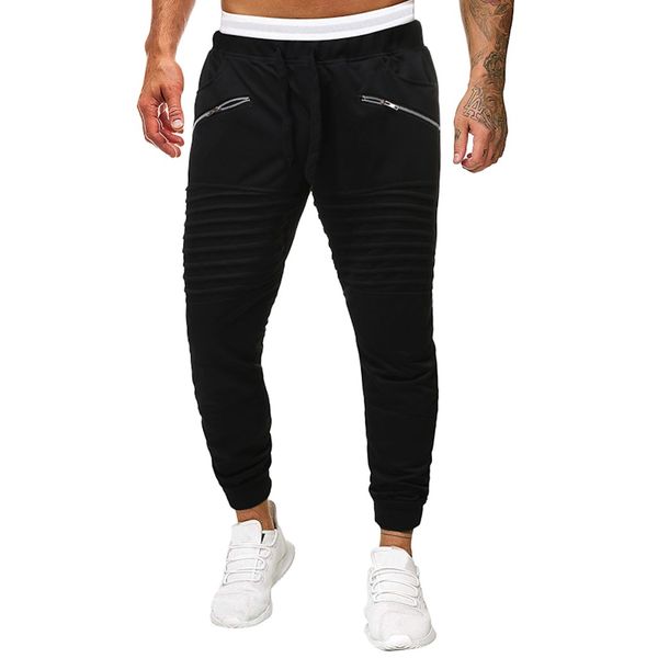 

fashion style men joggers pants splicing fold sriped elastic waist casual streetwear pocket sport work casual trouser pants, Black