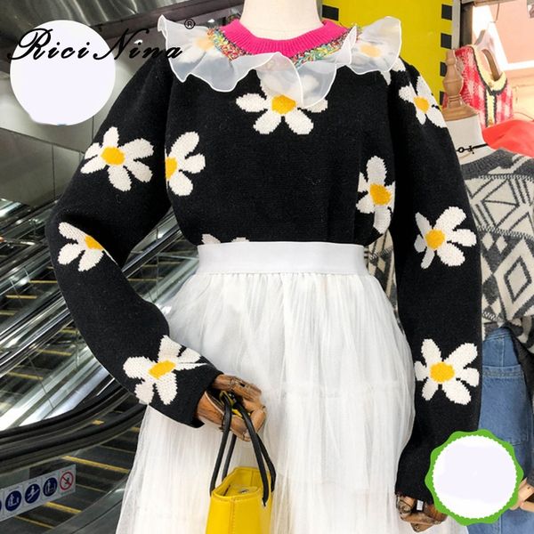 

ricinina womens sweater winter women jumper 2019 o neck ruffles mesh print sweater women knit pullover woman sweaters spring, White;black