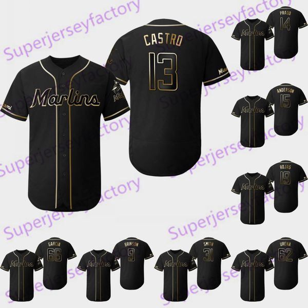 

Miami 13Starlin Castro 2019 Golden Edition Jersey Lewis Brinson Martin Prado Brian Anderson Miguel Rojas Jose Urena Marlins Baseball Jerseys