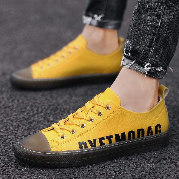 

autumn 2019 youth fashion mens shoes yellow pu leather shoes for male rubber bottom men casual popular sneakers for men, Black