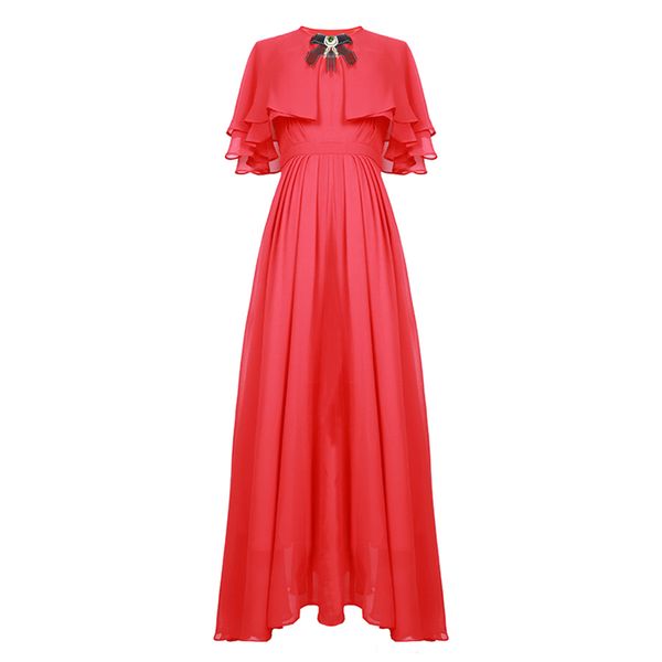 

verdejuliay elegant red dresses women 2019 summer runway chiffon beading bow slim cloak sleeve party long dress, Black;gray