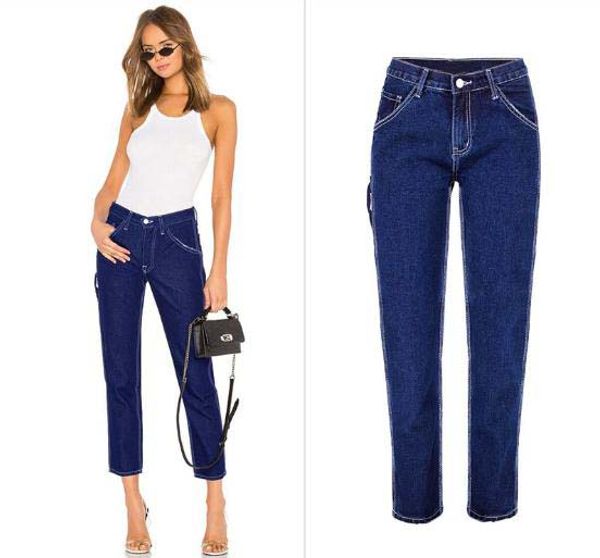 

2019 new spring and autumn safari style women pants mid waist loose straight nine points jeans side pocket trousers women d116, Blue