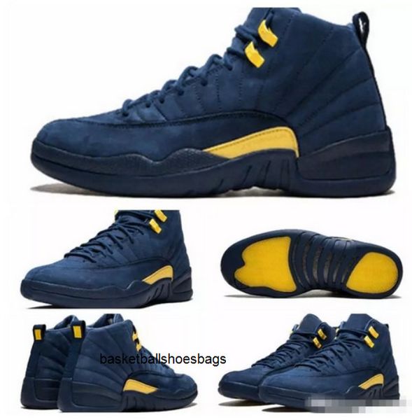 

12 quality new 12s high michigan basketball shoes for men dark blue yellow suede mens sneakers sports athletic trainers size 7-13