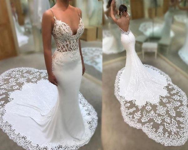 

spaghetti straps mermaid wedding dress beach backless chapel train lace applique bridal gowns vintage garden summer custom 2019, White