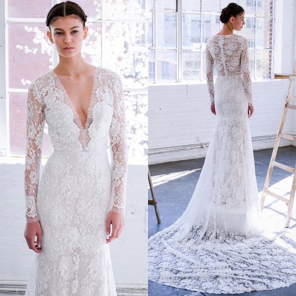 

2019 new classy lace mermaid wedding dresses with long sleeves plunging neckline trumpet bridal gowns sweep train country wedding dress, White