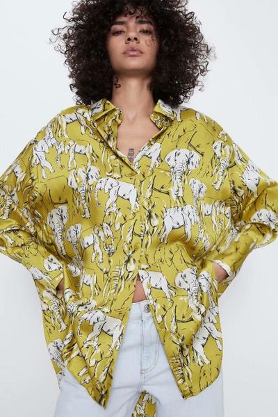 

2020 new spring summer european elephant print female shirt zaraing vadiming sheining women's yellow printings shirt xdn9427, White