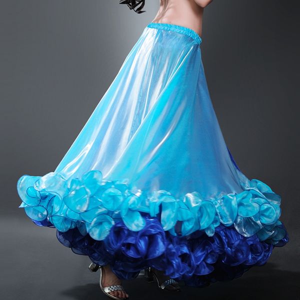 

new beautiful yarn belly dance skirt professional full expansion bellydance dress performance costume dual color 1 split skirt, Black;red