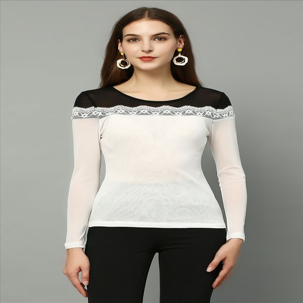 

women's dress academy temperament mesh base slim shirt versatile small shirt fashion, White
