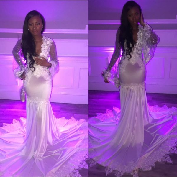 

2019 черные бусы для девочек платья для выпускного вечера русалка v-образным вырезом с блестками с длинным рукавом с скользящим шлейфом вече, Black