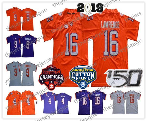 

clemson tigers 2019 champions #16 trevor lawrence 9 travis etienne jr. 4 watson stitched patch purple white orange ncaa football jersey, Black;red
