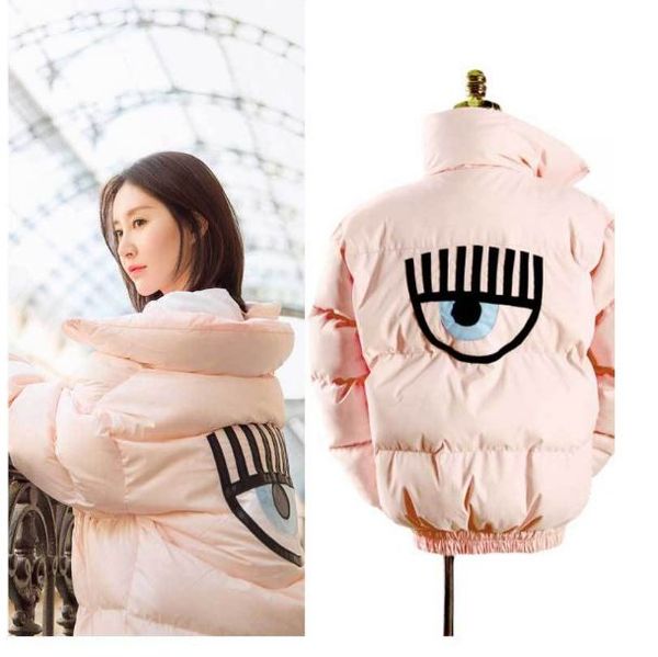

shape winter women eyes embroidery pink parkas short cotton down jacket warm snow outwear overcoat, Tan;black