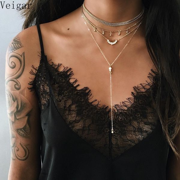 

gold color chains chokers necklaces women layered necklace rhinestone pendants necklaces fashion jewelry ladies clavicle chain, Silver