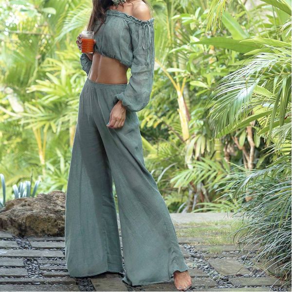 

womens casual linen beach pants elegant loose baggy wide leg playa trousers high waist bikini cover up beachwear, Blue;gray