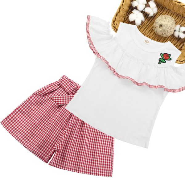 

Girls Clothes Set Off Shoulder Shirt + Plaid Shorts 2PCS Suit Girls Set 2019 Kids Summer Wear For Girls 6 8 10 12 13 14 Year