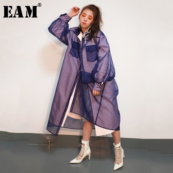 

eam] 2020 новая весна осень лацкан с длинным рукавом лацкан органзы сплит сустав ложные два ветровка женщины тренч мода прилив jo346, Tan;black