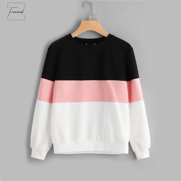 

color active chic sweatshirts cut sew fleece patchwork pullovers women block crew neck fall casual women sweatshirts, Black