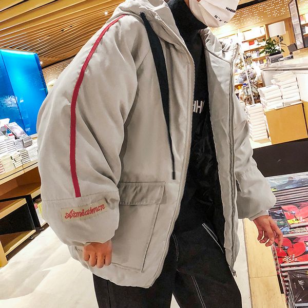 

winter jacket men warm thick fashion solid color parka men casual hooded coat street wild loose cotton jacket male clothes, Black