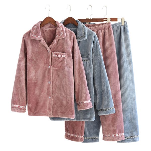 

new thicken winter warm flannel couple pajamas sets men and women fashion plaid pure color long sleeve sleepwear lovers, Black;brown