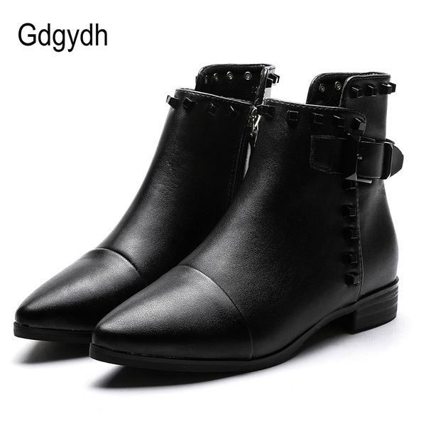 

gdgydh rivet pointed toe boots ankle women low heels ladies boots black leather punk style women's shoes for party