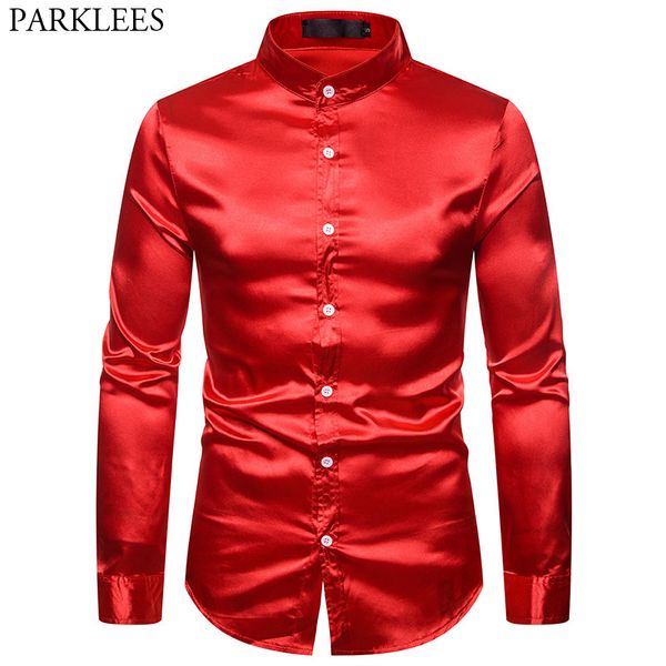 

mens красный шелковый как атласная рубашки платья 2019 марка mandarin collar slim fit men смокинг рубашка венчания партии выпускного вечера, White;black