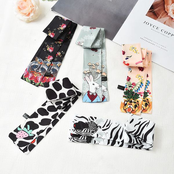 

silk scarf women long hijab hair band small neck scarves handle bag ribbons animal print shawls and wraps bandana, Blue;gray