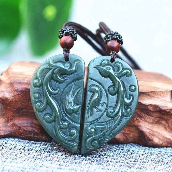 

certificate)natural green hetian jades heart-shaped pendant carved dragon phoenix pendant necklace women men lover's jewelry, Silver