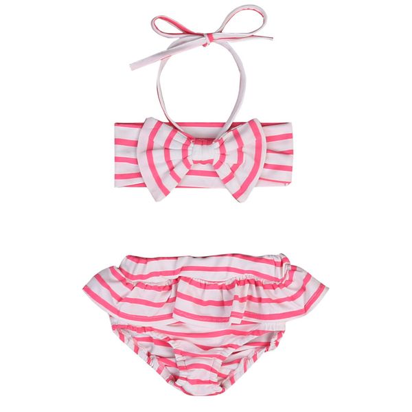 

adorable kids baby girls striped two-piece swimsuit pink halter bikini tankini set bowknot swimwear bathing swimming clothes