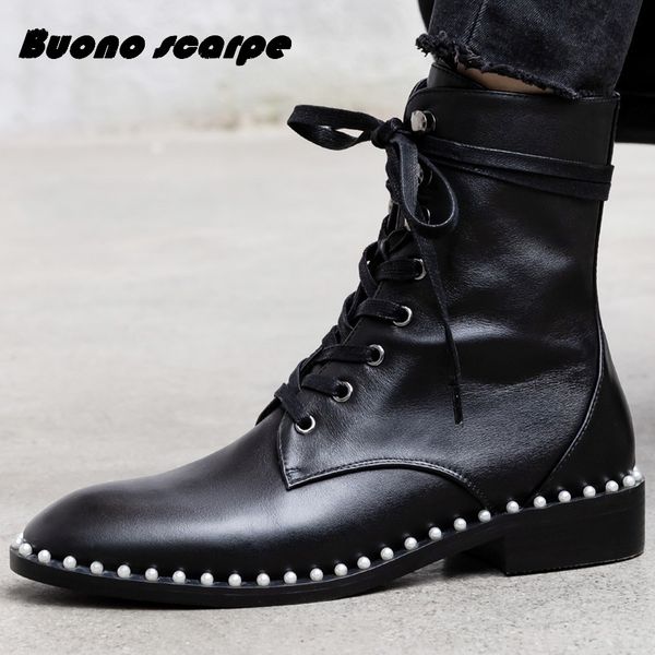 

buonoscarpe 2020 autumn winter cow leather boots ladies boots motorcycle ankle pearl lace-up round toe rivet shoes, Black