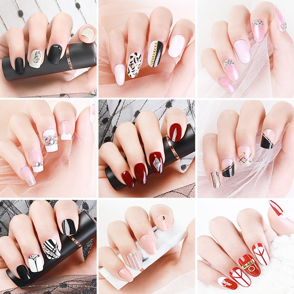 

24pcs full cover fake nail tips reusable false nail art form mixed size extension tips with adhesive sticker manicure tool, Red;gold