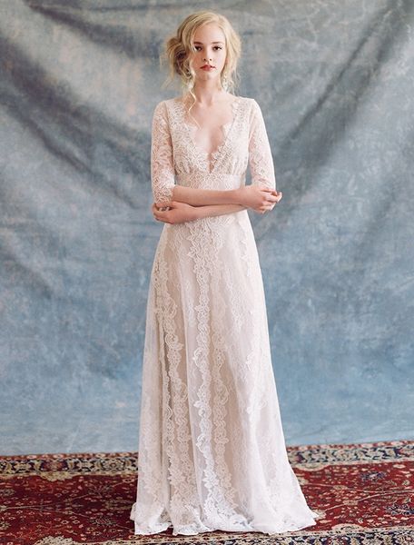 

2019 half sleeve lace deep v reveal back cut out floor length white evening dresses for formal party dress, White;black