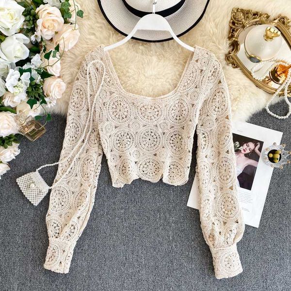 

korean spring and summer women's western style bubble sleeve square neck effort leaking clavicle slim short hollow sweater shirt, White