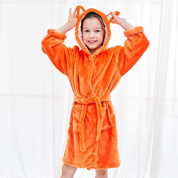 

children flannel robe cartoon bring hat animal bathrobe cloak baby bath towel home velvet warm coat sleepwear, Blue;red