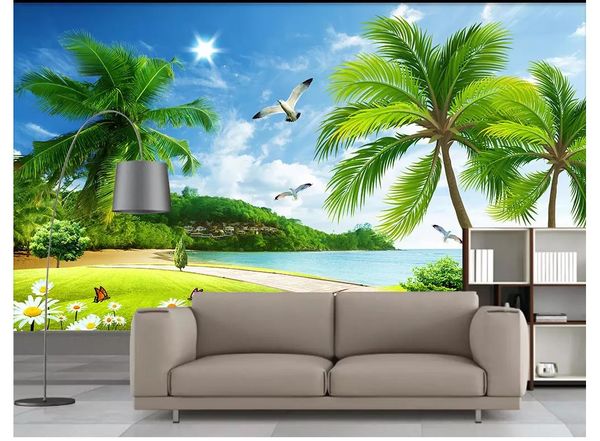 3D Carte da parati personalizzate decorazioni per la casa foto carta da parati Spiaggia albero di cocco paesaggio soggiorno TV divano sfondo carta da parati per pareti 3d
