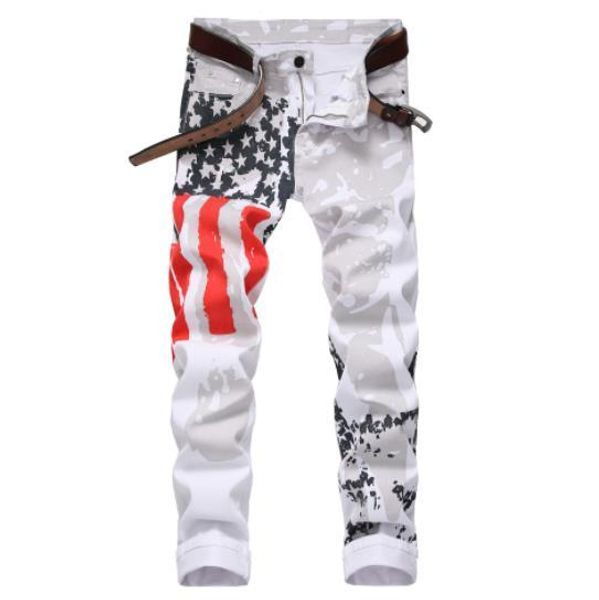 

high-elastic mens jeans white american flag printing stitching street pop locomotive riding jeans street designer fashion jeans, Blue